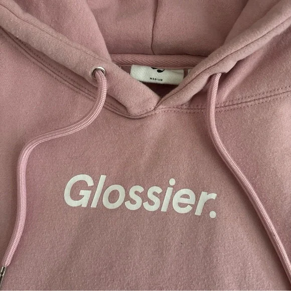 Glossier Pink Cropped Hoodie Size M Reworked Sweatshirt Logo Pullover Cozy Rare - Picture 2 of 8